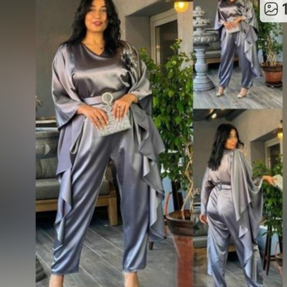 Elegant Gray Satin Dress with Belt